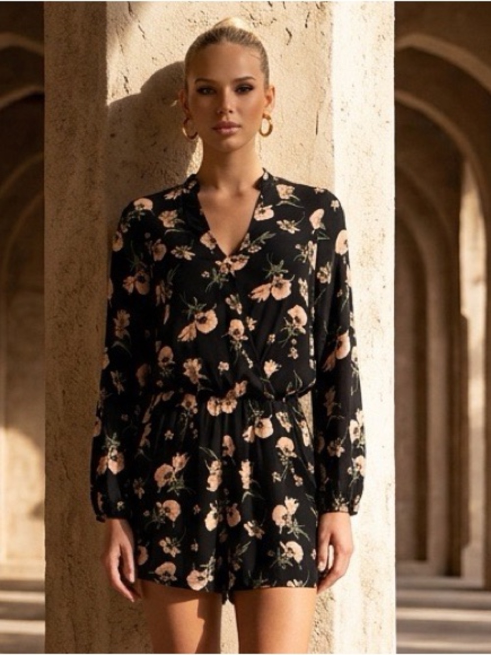 Be Cool Floral Faux Wrap Romper Black Long Sleeve Pockets Size Small